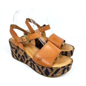 Born Dorrah Womens Size 9 Tan Brown Leather Slingback Platform Wedge Sandals